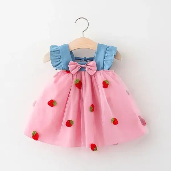 Embroidered Strawberry Summer Girls Princess Dress with Bows - Pink / 11(2-3Y)