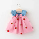 Embroidered Strawberry Summer Girls Princess Dress with Bows - Pink / 11(2-3Y)