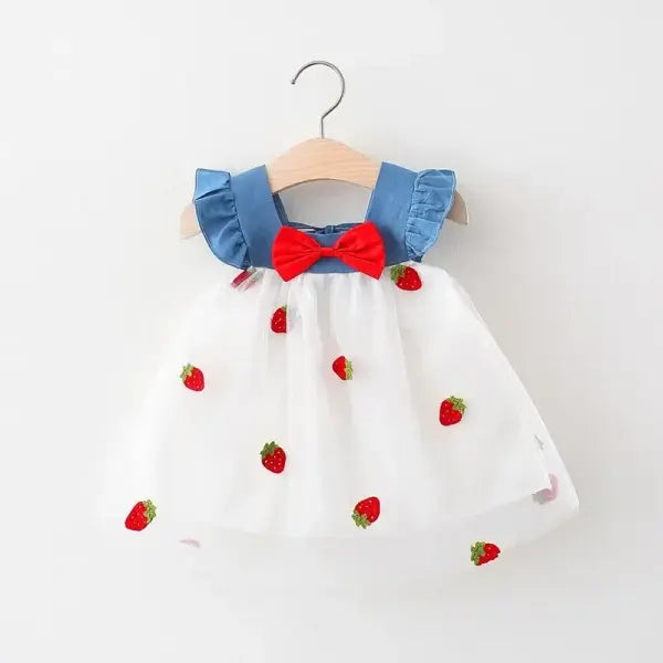 Embroidered Strawberry Summer Girls Princess Dress with Bows - WHITE / 11(2-3Y)