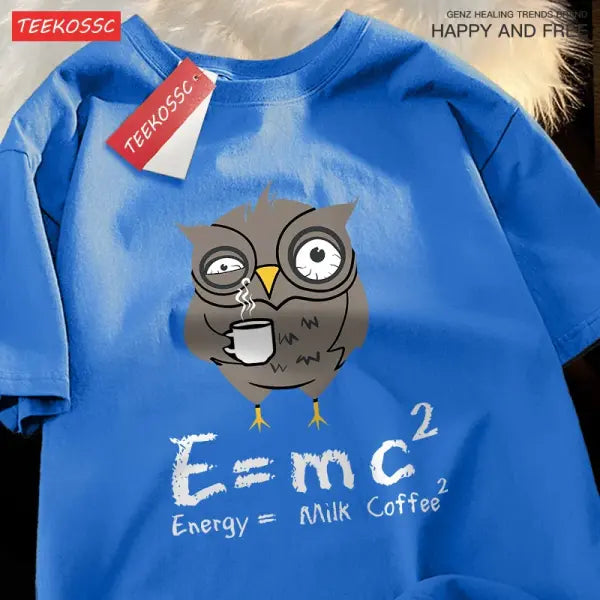 Energy Milk Coffee Graphic T-Shirt for Men – Cotton Streetwear Loose Oversized Tee Fun Pattern for Couples - Blue / L