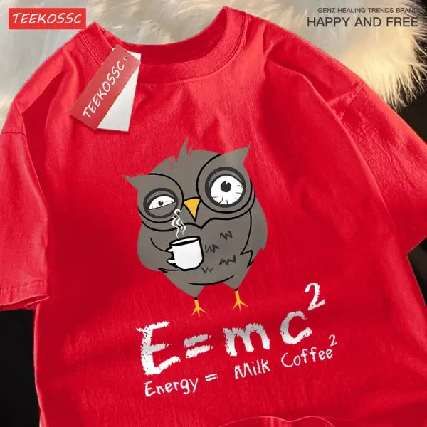 Energy Milk Coffee Graphic T-Shirt for Men – Cotton Streetwear Loose Oversized Tee Fun Pattern for Couples - Red / L