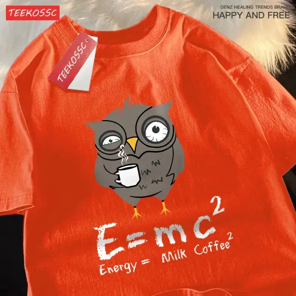 Energy Milk Coffee Graphic T-Shirt for Men – Cotton Streetwear Loose Oversized Tee Fun Pattern for Couples - Orange