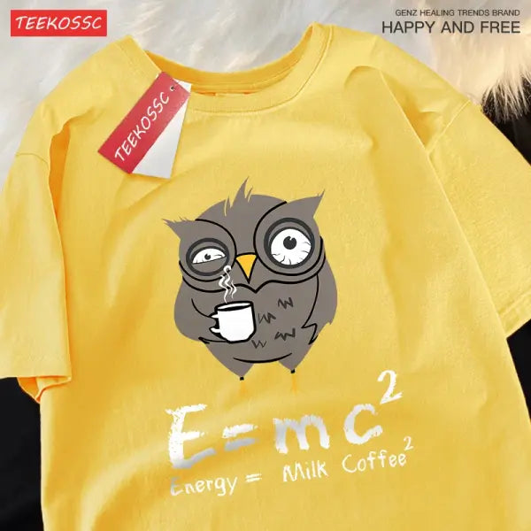 Energy Milk Coffee Graphic T-Shirt for Men – Cotton Streetwear Loose Oversized Tee Fun Pattern for Couples - Yellow / S