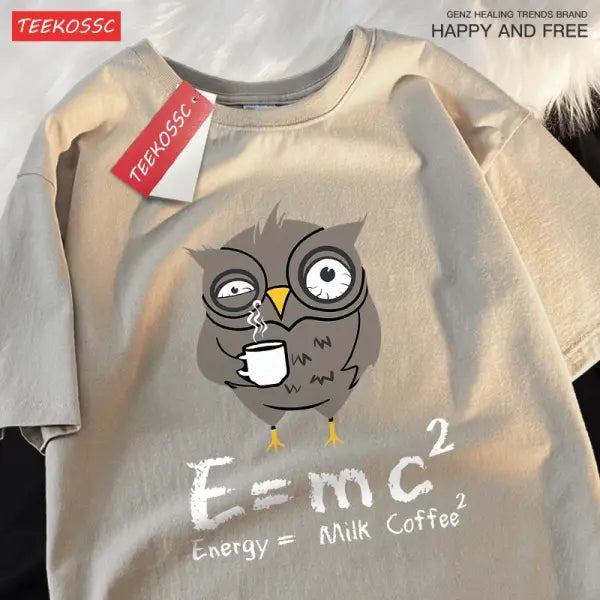 Energy Milk Coffee Graphic T-Shirt for Men – Cotton Streetwear Loose Oversized Tee Fun Pattern for Couples - Khaki / L