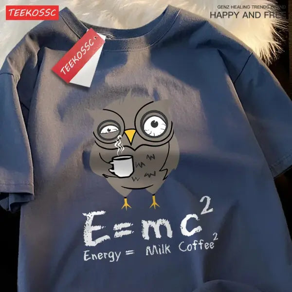 Energy Milk Coffee Graphic T-Shirt for Men – Cotton Streetwear Loose Oversized Tee Fun Pattern for Couples - Dark Blue
