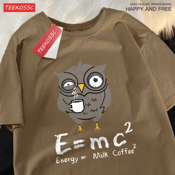 Energy Milk Coffee Graphic T-Shirt for Men – Cotton Streetwear Loose Oversized Tee Fun Pattern for Couples - Brown