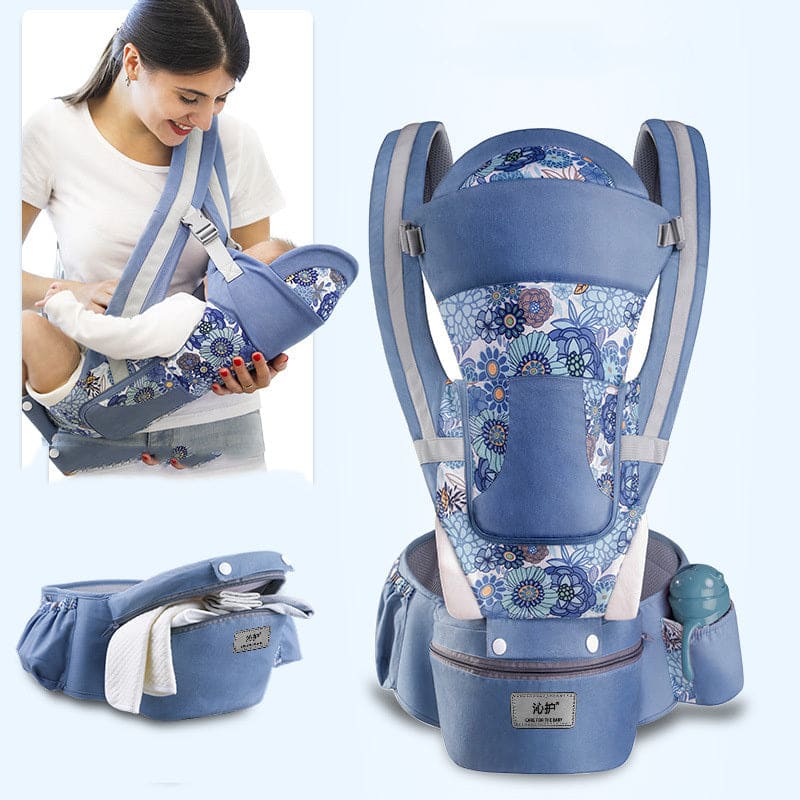 Ergonomic Baby Carrier 3-in-1 Hipseat Front-Facing Kangaroo Sling Wrap - Blue Flower