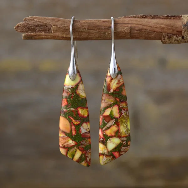 Ethnic Silver Plated Jasper Hoop Earrings – Unique Geometric Stone Jewelry for Women - Himpall