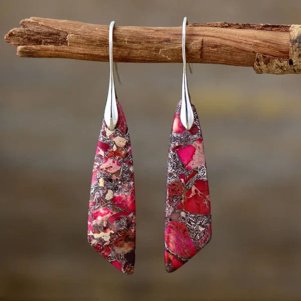 Ethnic Silver Plated Jasper Hoop Earrings – Unique Geometric Stone Jewelry for Women - Himpall