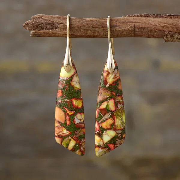 Ethnic Silver Plated Jasper Hoop Earrings – Unique Geometric Stone Jewelry for Women - Himpall