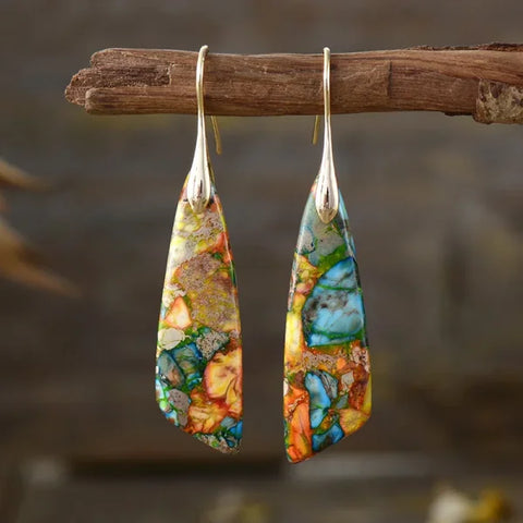 Ethnic Silver Plated Jasper Hoop Earrings – Unique Geometric Stone Jewelry for Women - Himpall