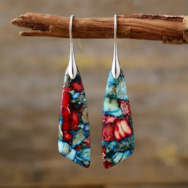 Ethnic Silver Plated Jasper Hoop Earrings – Unique Geometric Stone Jewelry for Women - Himpall