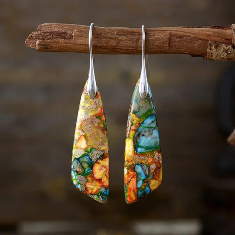 Ethnic Silver Plated Jasper Hoop Earrings – Unique Geometric Stone Jewelry for Women - Himpall