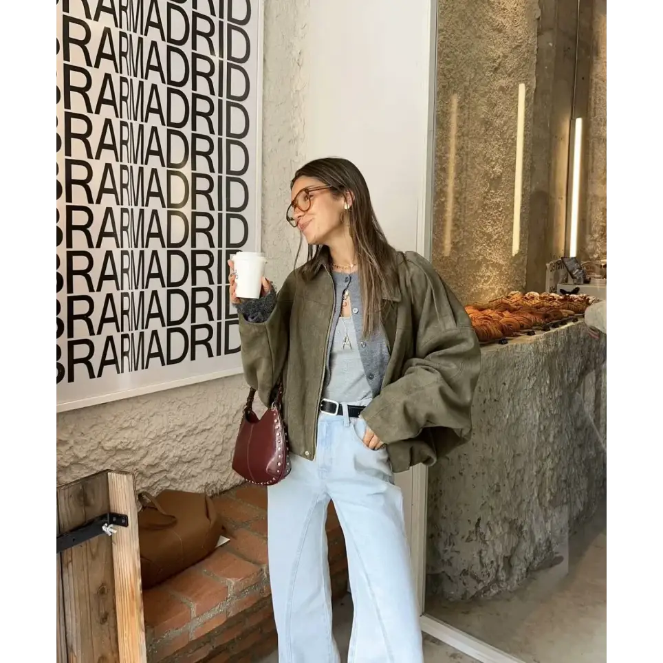 ETJ 2025 Spring new women’s suede texture effect Loose version of fashion lapel shoulder bomber jacket