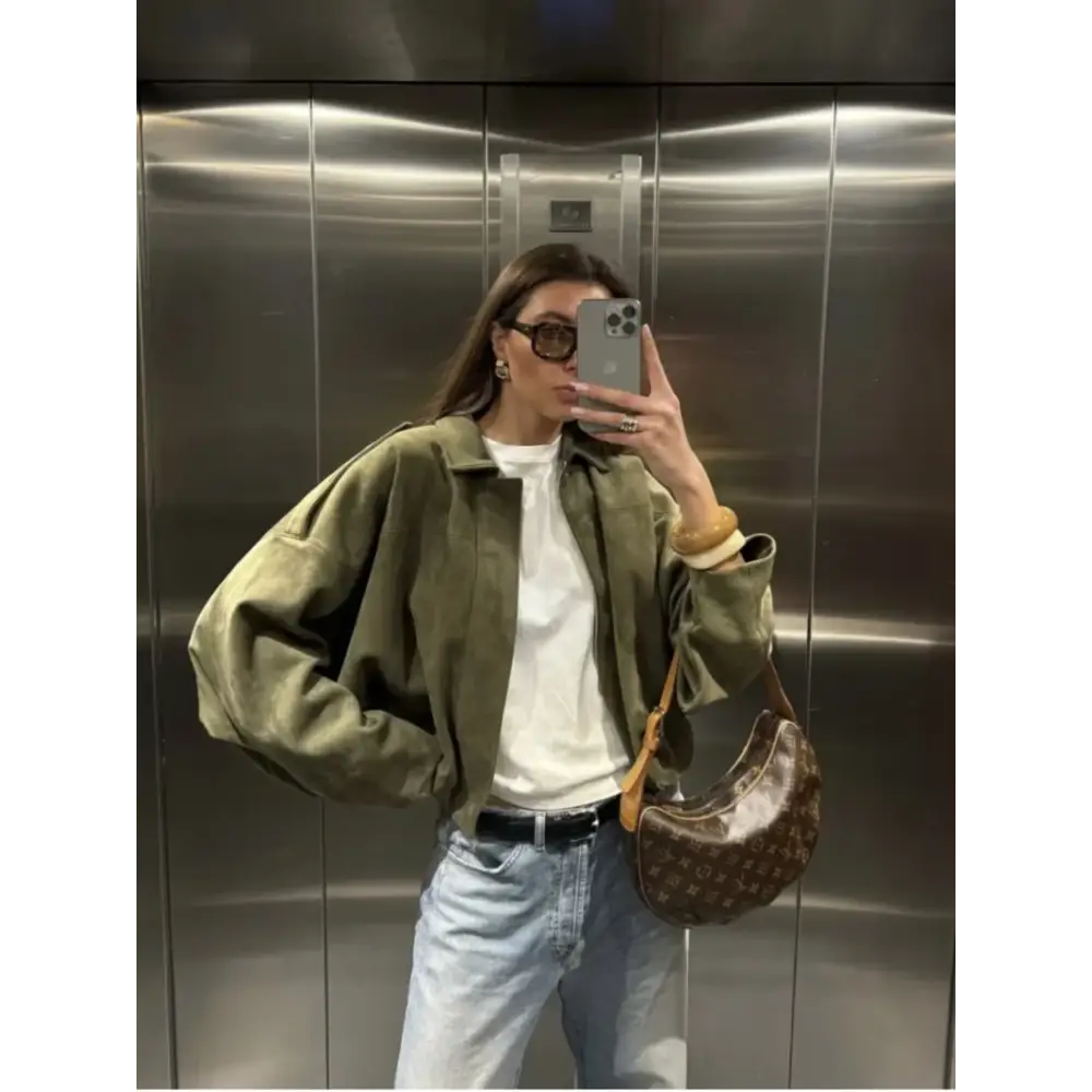ETJ 2025 Spring new women’s suede texture effect Loose version of fashion lapel shoulder bomber jacket