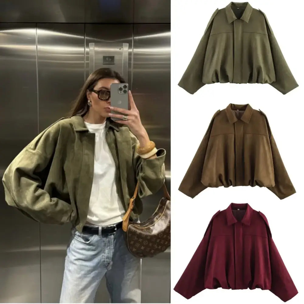 ETJ 2025 Spring new women’s suede texture effect Loose version of fashion lapel shoulder bomber jacket