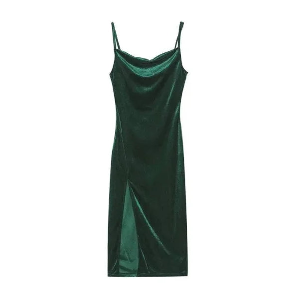 European & American Style Slim Fit Slit Strap Dress - Green / S