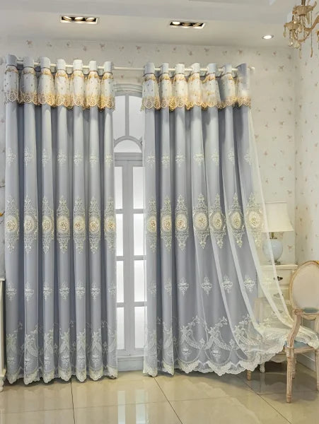 European Embroidered Jacquard Sheer Curtains - Luxury Double-Layer Blackout Drapes