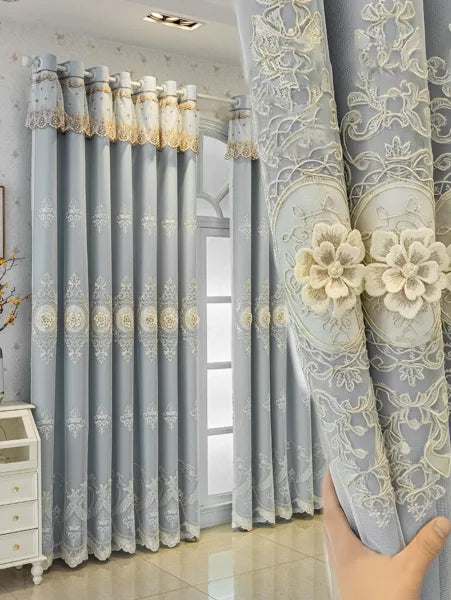 European Embroidered Jacquard Sheer Curtains - Luxury Double-Layer Blackout Drapes - grey / 1pc W150xL250 cm / Grommet