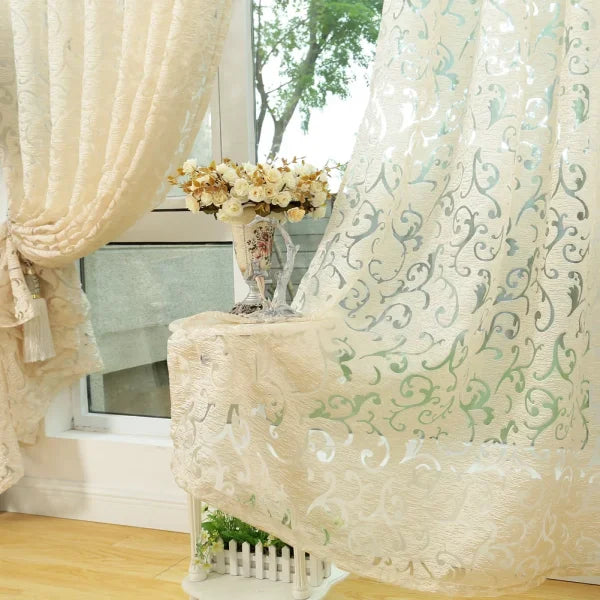 European Floral Jacquard Tulle Curtain - Retro Hollow-Out Home Decor