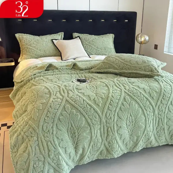 European Style 3D Floral Fleece Blanket - Thick Warm Winter Throw & Luxury Bed Quilt - green / 70x100cm 1pcs