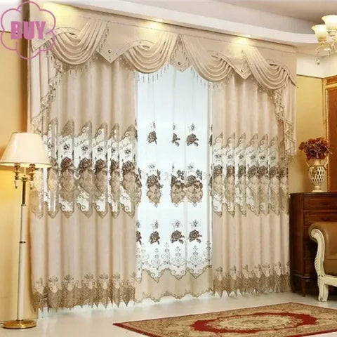 European Style Luxury Embroidered Curtains - Beige Chenille & Tulle