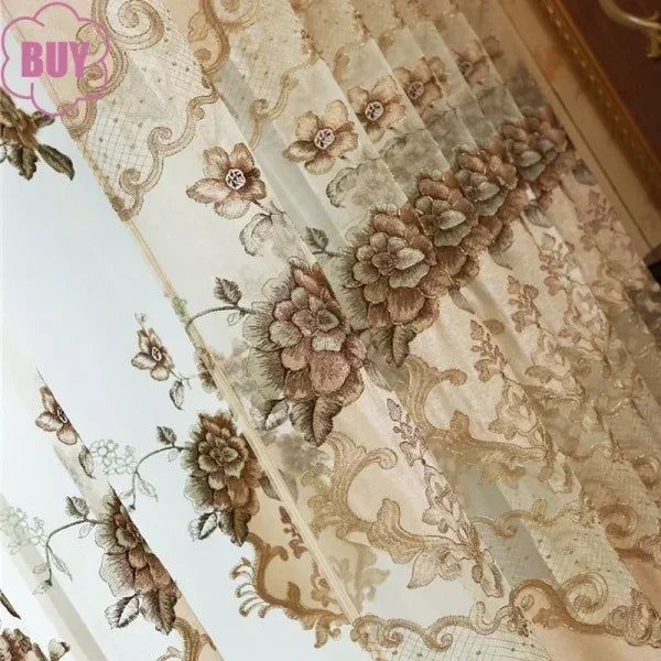 European Style Luxury Embroidered Curtains - Beige Chenille & Tulle