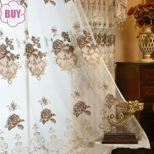 European Style Luxury Embroidered Curtains - Beige Chenille & Tulle