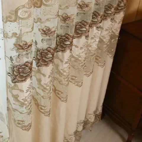 European Style Luxury Embroidered Curtains - Beige Chenille & Tulle - curtain / W500cmxH250cm 1pc / Pull Pleated Tape