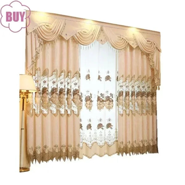 European Style Luxury Embroidered Curtains - Beige Chenille & Tulle