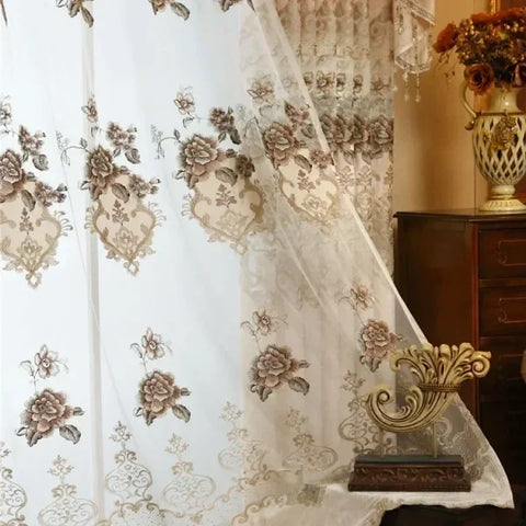 European Style Luxury Embroidered Curtains - Beige Chenille & Tulle - tulle / W250cmxH250cm 1pc / Pull Pleated Tape