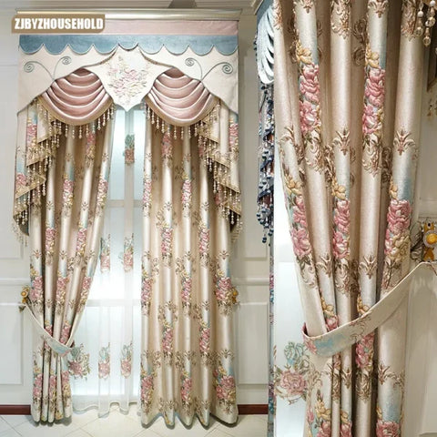 European Style Luxury Embroidered Curtains - 3D Floral Pink Tulle for Living Room & Bedroom
