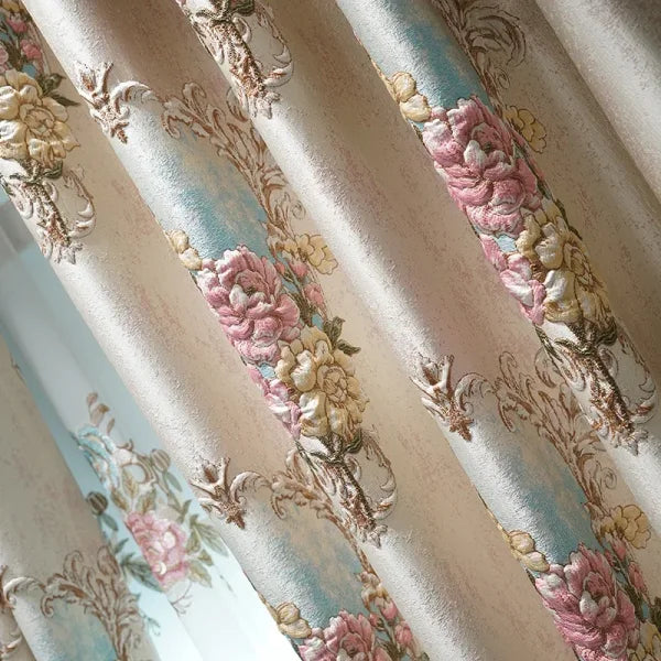 European Style Luxury Embroidered Curtains - 3D Floral Pink Tulle for Living Room & Bedroom