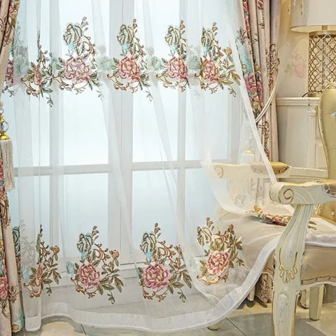 European Style Luxury Embroidered Curtains - 3D Floral Pink Tulle for Living Room & Bedroom