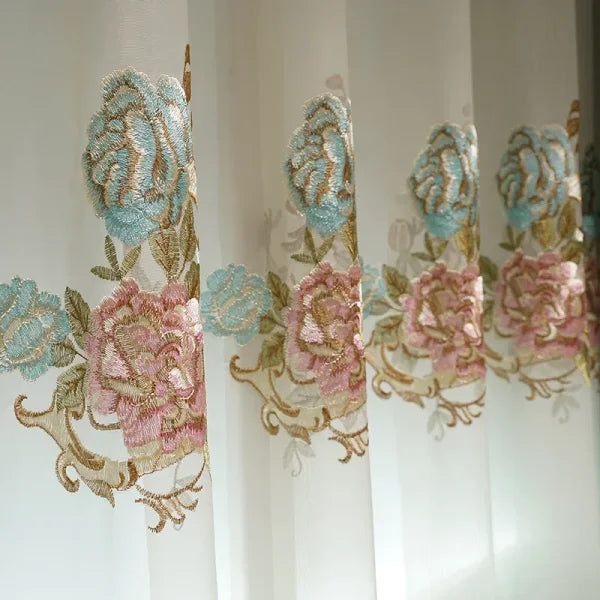 European Style Luxury Embroidered Curtains - 3D Floral Pink Tulle for Living Room & Bedroom