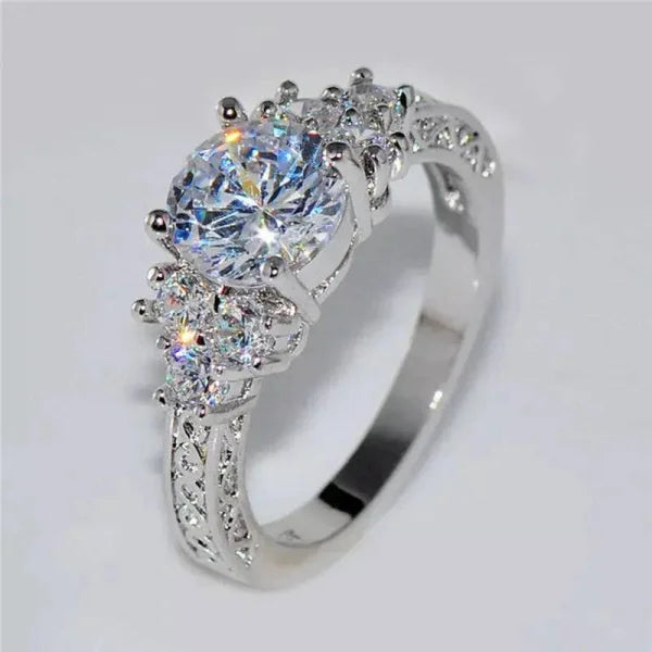 Exquisite Silver Engagement Ring with White Zircon Stones