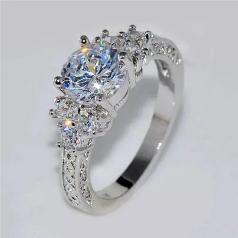 Exquisite Silver Engagement Ring with White Zircon Stones