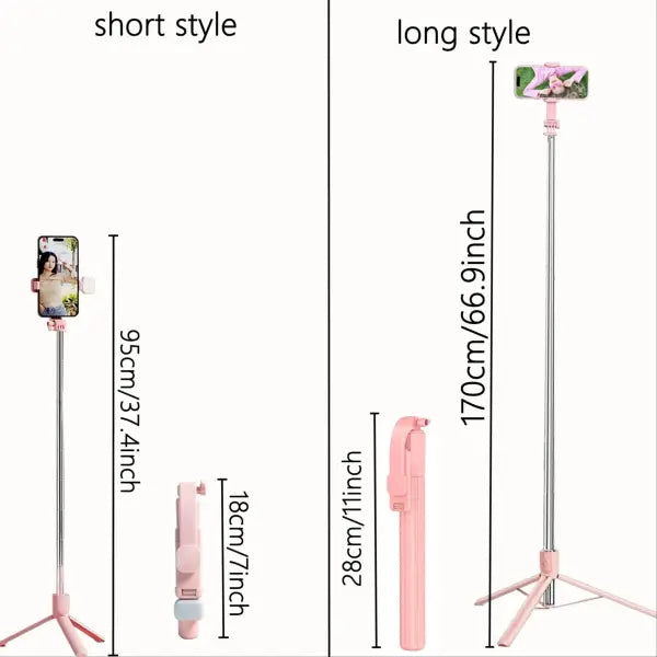 Extendable Aluminum Selfie Stick Tripod 1700mm – Pro Travel Photography - Pink / Longversionwithlight