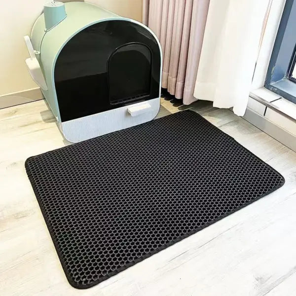 Extra Large Cat Litter Mat - Heavy Duty Waterproof 2-Layer Non-Slip Washable Sand Stopper - black / 55x75cm