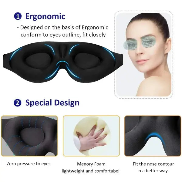 3D Contoured Eye Mask for Sleeping – Concave Molded Night Blindfold Light Blocking - black