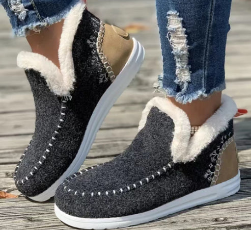 Fleece-lined Thick Plush Boots Warm Sewing Flat Cotton Shoes Winter Ankle Boot - Dark Gray / 36