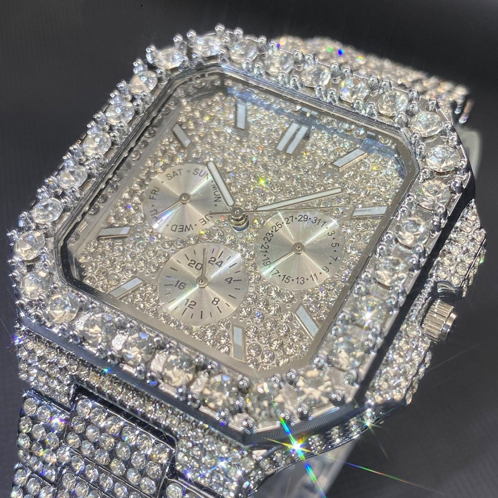 European And American Hip-hop Men’s Watch Square-shaped Fully Diamond-encrusted Multi-functional
