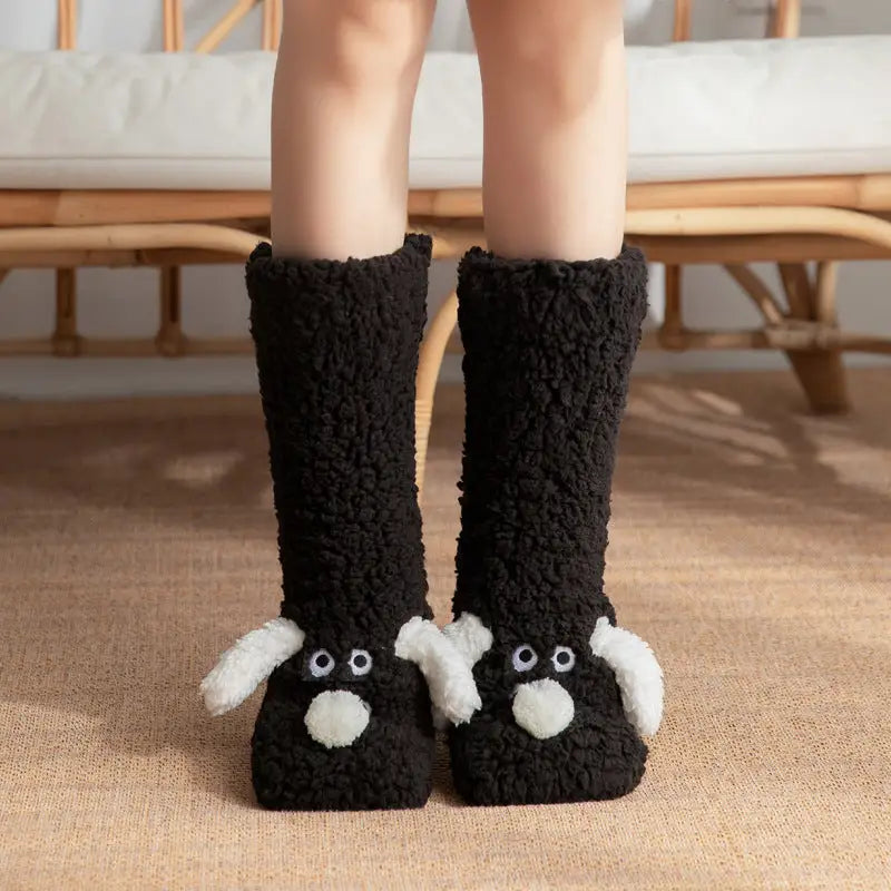 Cute Cartoon Dog Winter Warm Plush Floor Socks for Women - Black Dog / One size