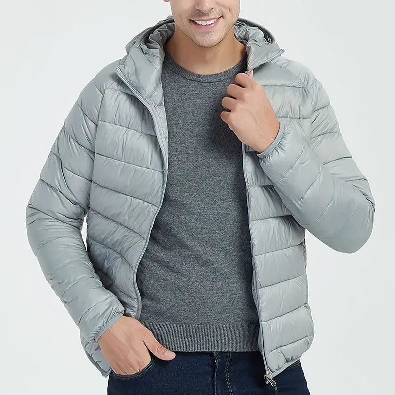 Men’s Lightweight Hooded Winter Coat in Solid Color Zipper Design