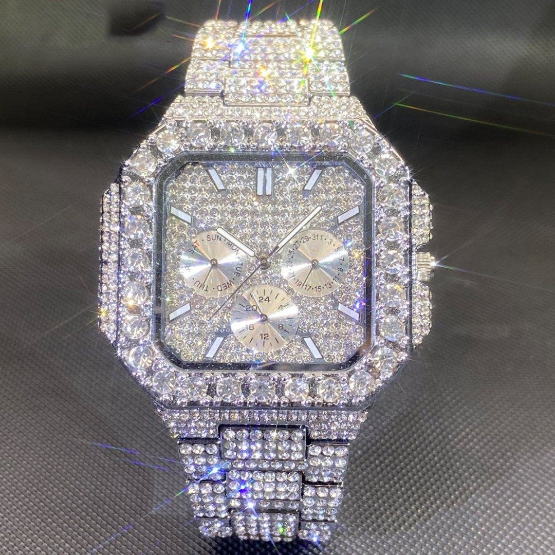 European And American Hip-hop Men’s Watch Square-shaped Fully Diamond-encrusted Multi-functional