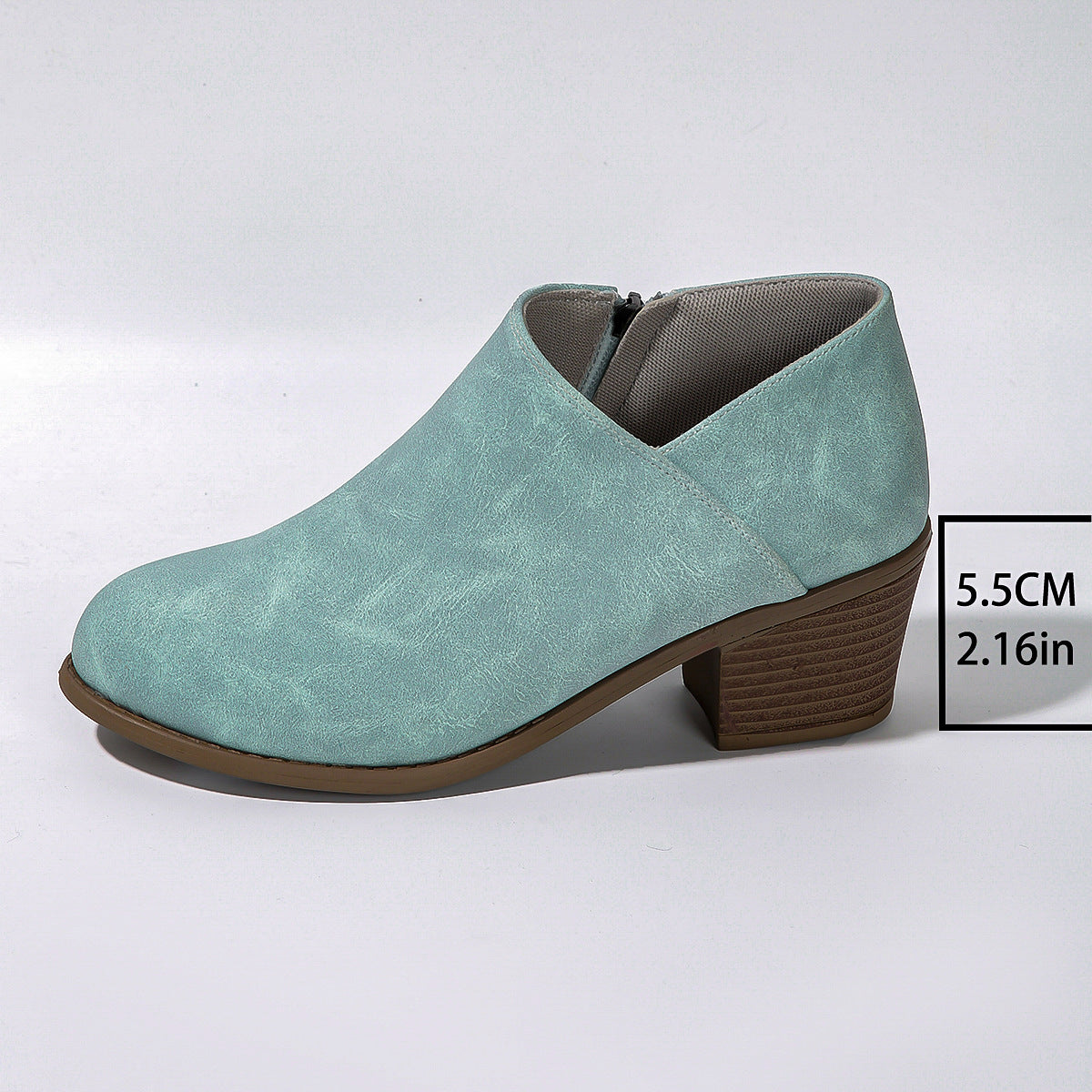 Chunky Heel Round Toe Ankle Boots in Soft Synthetic Material