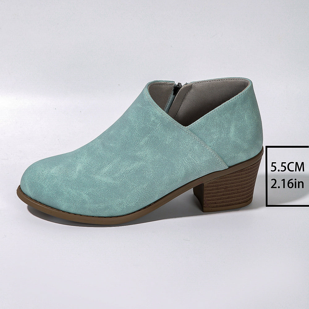 Chunky Heel Round Toe Ankle Boots in Soft Synthetic Material