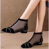 Soft Leather Flat Heel Net Boots Women''s Hollow Flat Bottom Sandals