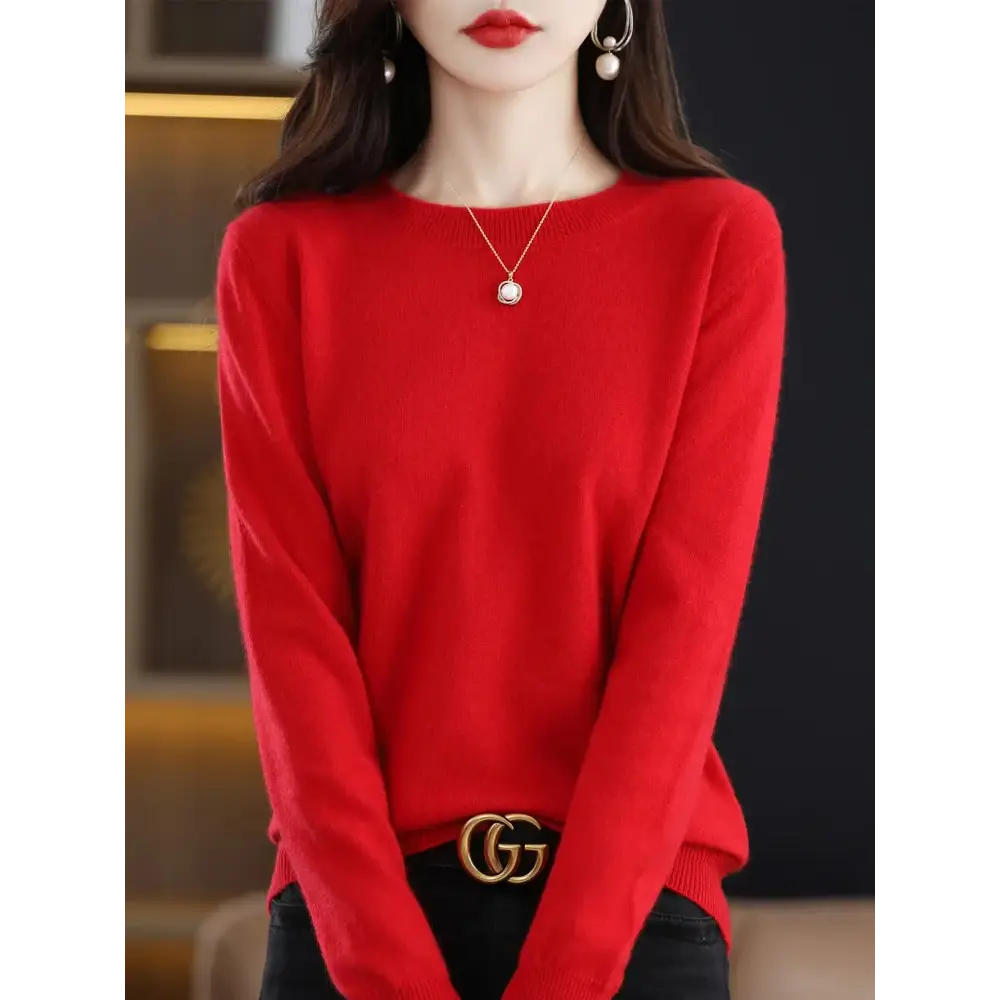 Fashion 100% Merino Wool Sweater Elegant Cashmere Pullover Women O-Neck Long Sleeve Knitwear Basic Clothing Jumper Tops