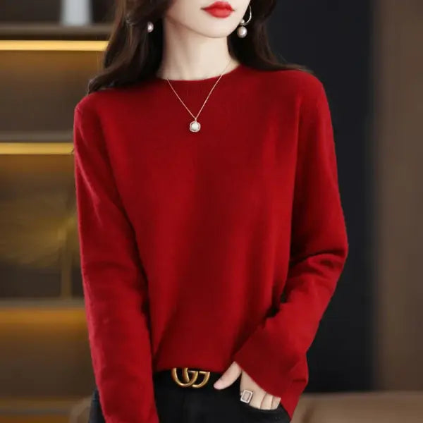 Women’s 100% Merino Wool Sweater – Elegant O-Neck Cashmere-Feel Knitwear Long-Sleeve Pullover Jumper - Dark Red / XL